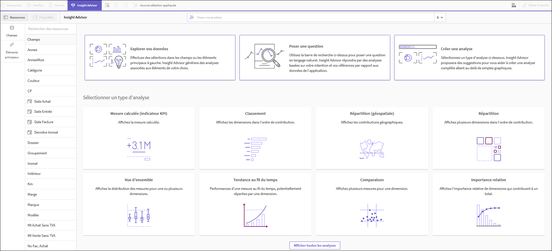 Interface de recherche d'Insight Advisor